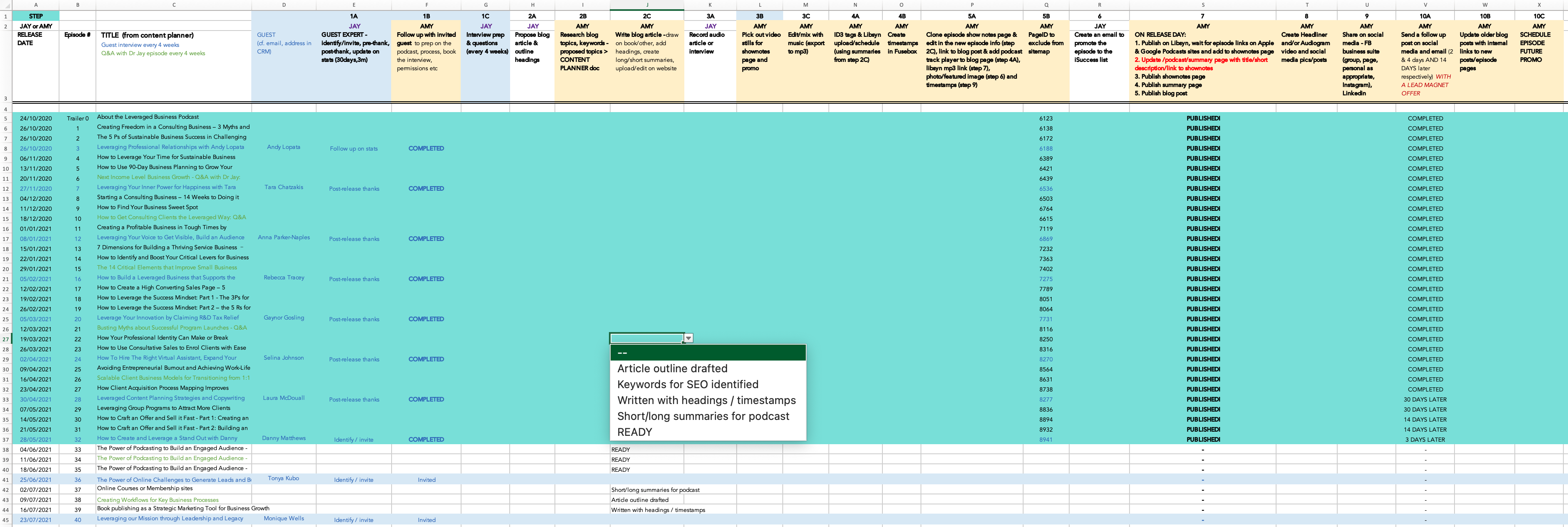 podcast production planning workflow spreadsheet screenshot